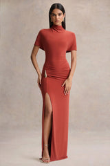 Arlena Rust High Neck Wrapped Maxi Dress