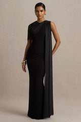 Brenda Black Crew Neck Maxi Dress With Mesh Cape And Sash