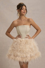 Peaches Champagne Strapless Mini Dress With Volume Feather Hem