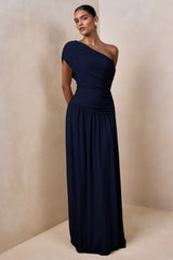 Emberly Navy Draped Asymmetric Neck Maxi Dress With Drop Waist