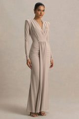 Flashy Champagne Plunge Neck Maxi Dress With Ruched Detailing