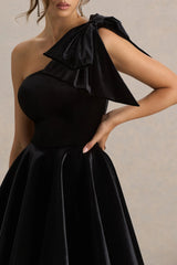 Keeley Black Asymmetric Neck Velvet Mini Dress With Bow Detail