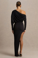 Olivia Black Asymmetric Neck Maxi Dress With Ruched Detailing And Asymmetric Hem