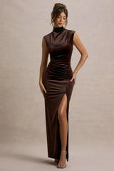 Abilene Chocolate Velvet High Neck Split Maxi Dress