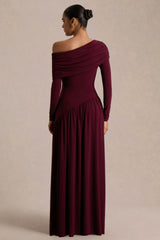 Farah Burgundy Asymmetric Neck Maxi Dress With Drop Waist And Ruched Detailing