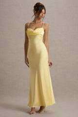 Eimear Lemon Satin Draped Sweetheart Maxi Dress