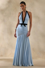 Cosmina Powder Blue Plunge Neck Maxi Dress With Bow Detail