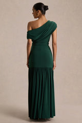 Kady Dark Green Asymmetric Neck Maxi Dress With Ruched Detailing