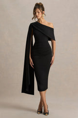 Leah Black Asymmetric Neck Midi Dress With Cape Sleeve