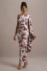 Clementina Cream Floral Print Asymmetric Cape Sleeve Maxi Dress