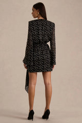 Mela Black And White Polka Dot Plunge Neck Mini Dress With Bell Sleeves And Sash Detail