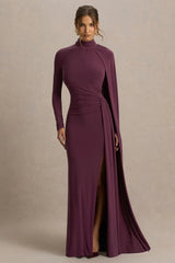 Anticipation Burgundy High Neck Maxi Dress With Front Split And Ruched Detailing
