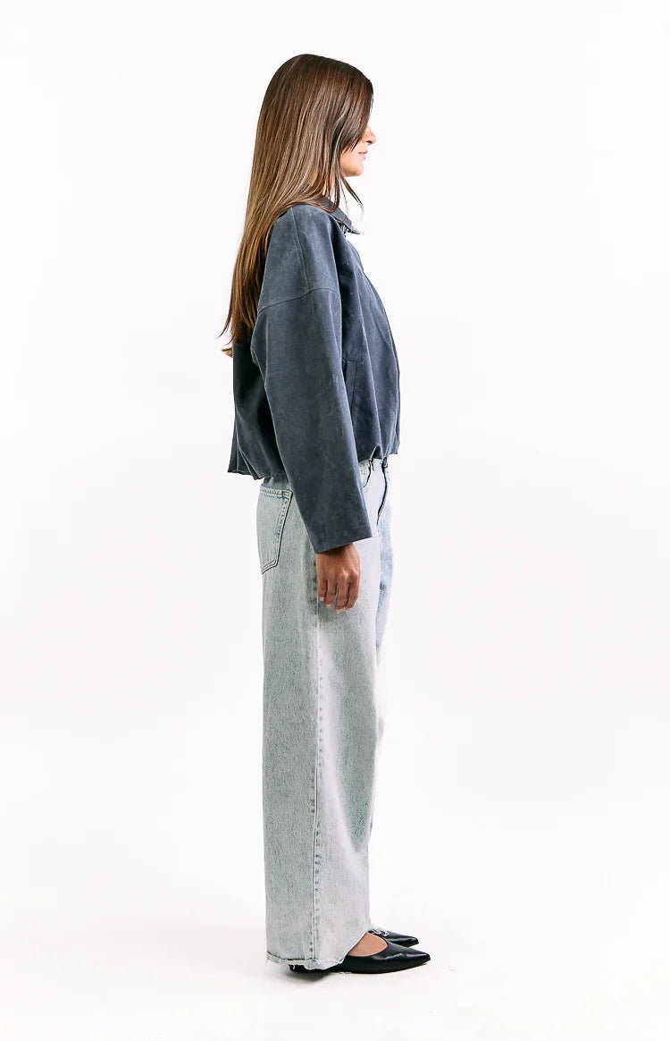 River Steel Grey Suedette Bubble Hem Bomber Jacket