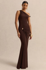 Caelia Brown Asymmetric Neck Maxi Dress With Gold Detailing And Sash
