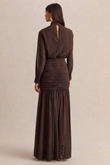 Zella Brown High Neck Maxi Dress With Sheer Skirt