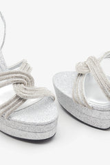 Doll Drama Silver Glitter Diamante Strappy Platform Heels