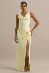 Pure Affection Pale Lemon Cowl Neck Maxi Dress With Ruched Detailing And Front High Split