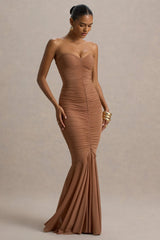 Talisa Mocha Bandeau Ruched Maxi Dress With Mesh Fishtail