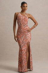 Florica Zebra Print Mesh Asymmetric Maxi Dress With Split