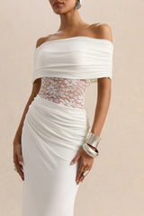 Forsya White Bardot Neck Maxi Dress With Lace Detailing