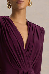 Flashy Burgundy Plunge Neck Maxi Dress With Ruched Detailing