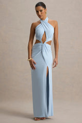 Aura Powder Blue Halter Neck Cut Out Split Maxi Dress