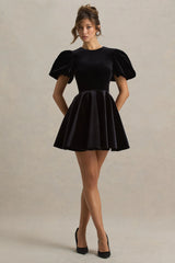Priya Black Velvet Mini Dress With Puff Sleeves