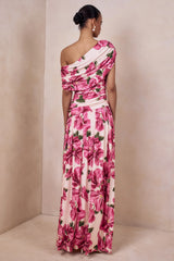 Emberly Pink Hibiscus Floral Print Asymmetric Neck Maxi Dress With Drop Waist