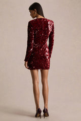 Ritz Burgundy Sequin Plunge Neck Mini Dress With Long Sleeves