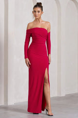 Stand Out Red Bardot Ruched Maxi With Sleeves And Side Split