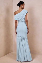 Kady Powder Blue Asymmetric Neck Maxi Dress With Ruched Detailing