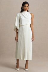 Jimena Cream High Neck Midi Dress With One Long Sleeve And Pleated Detailing