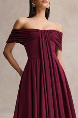 Dearest Burgundy Bardot Neck Midi Dress
