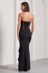 Attention Please Black Strapless Lace Panelled Corset Split Maxi Dress
