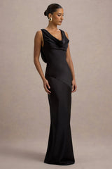 Alesso Black Satin Cowl Neck Slip Maxi Dress