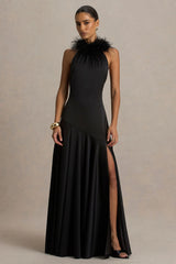 Jemima Black Satin Halter Neck Maxi Dress With Feather Trim