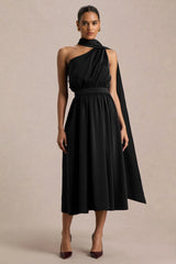 Caluna Black Satin Asymmetric Neck Midi Dress With Scarf Detail