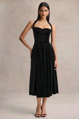 Esmeray Black Velvet Sweetheart Neck Midi Dress