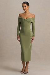 Spark Olive Bardot Neck Midi Dress With Bow Detail