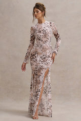 Tigerlily Leopard Print Mesh Long Sleeve Open Back Maxi Dress