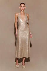 Genie Diamante Halter Midi Dress Nude