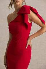 Ambretta Red One Shoulder Midi Dress With Bow