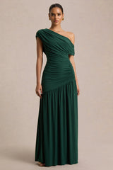 Kady Dark Green Asymmetric Neck Maxi Dress With Ruched Detailing
