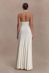 Indira Gathered Slinky Halter Maxi Dress Ivory
