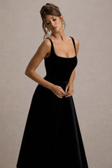 Francisca Black Velvet Strappy Volume Hem Midi Dress