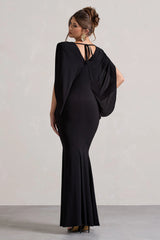 Perry Black V Neck Cape Sleeve Split Maxi Dress