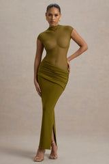 Asia Green Sheer Short Sleeve Draped Maxi Dress