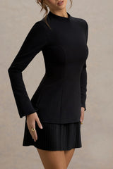 Athena Black Long Sleeve Mini Dress With Pleated Hem