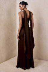 Starling Brown Matte Satin Plunge Neck Maxi Dress With Scarf Detail