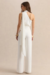 Gliselle White Asymmetric Neck Jumpsuit With Scarf Detail